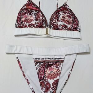 Paisley Print White & Pink Triangle Bikini Set